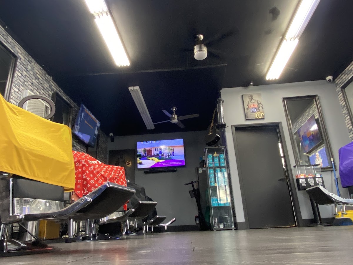 Wide view of the shop floor and navy ceiling